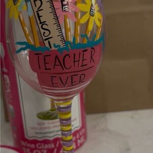 "Best Teacher Ever" Hand-Painted Wine Glass - Pink, Yellow, Teal